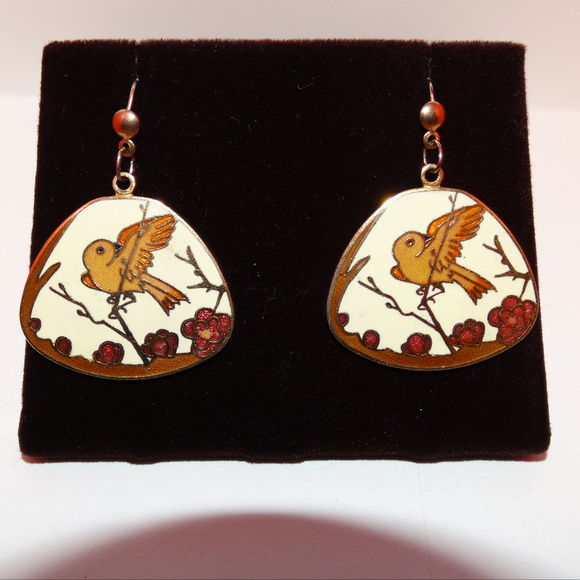 Vintage Enamel Bird & Floral Earrings - Picture 1 of 7